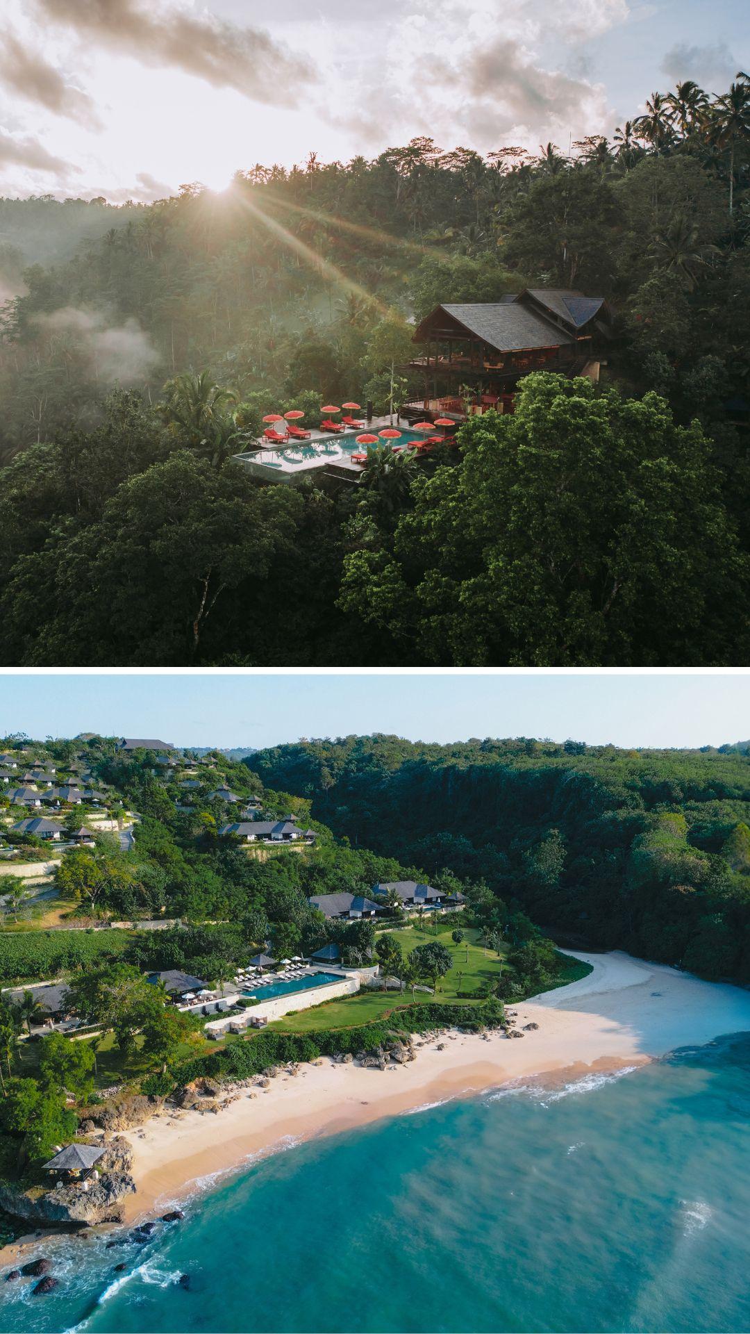 Banyan Tree Escape - Buahan; lush jungle villas, red umbrellas, seaside cliff with pristine beach. Discover the wonders of bali