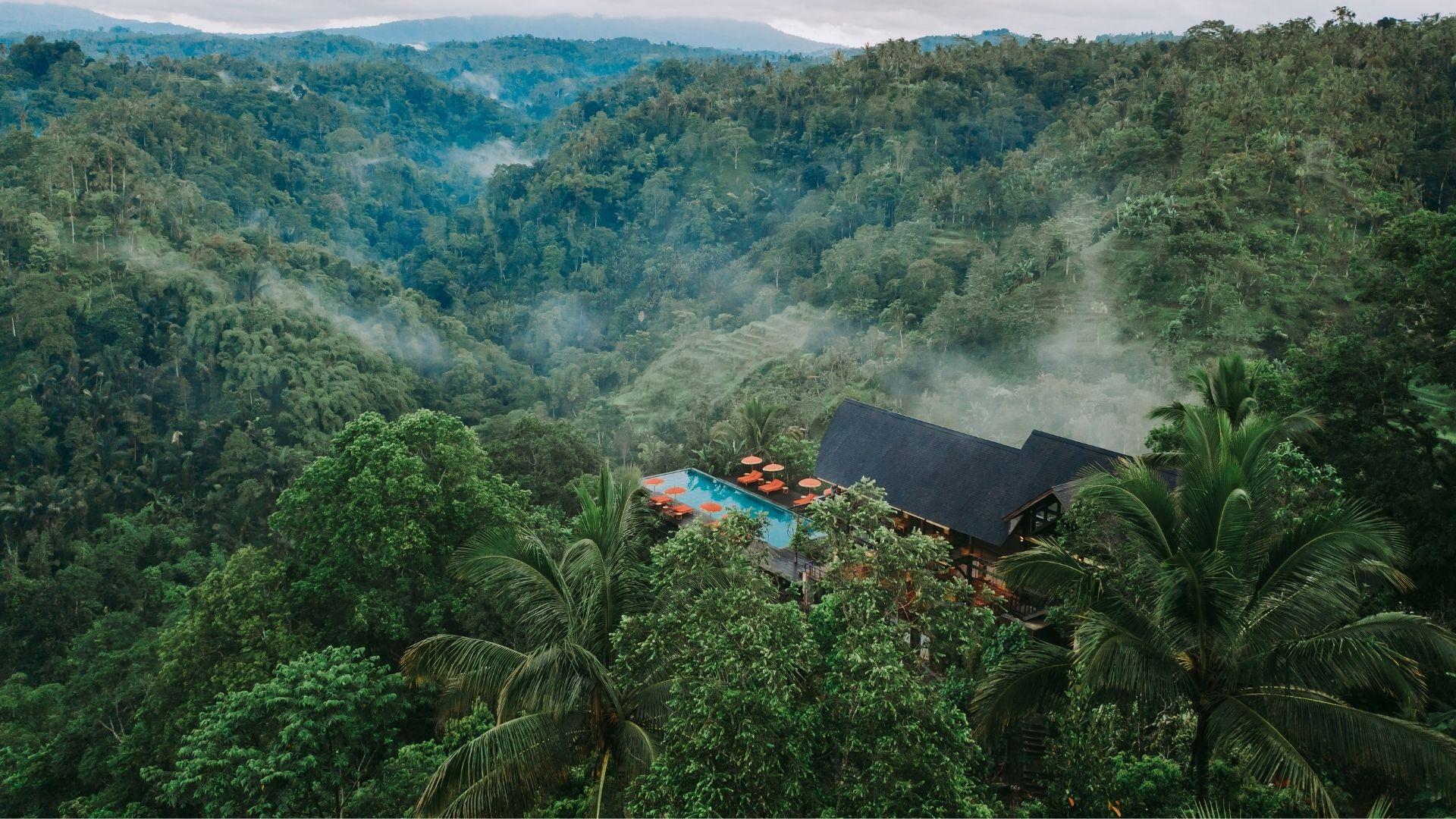 Banyan Tree Escape - Buahan villa nestled in lush forest, with an infinity pool and misty hills in view.