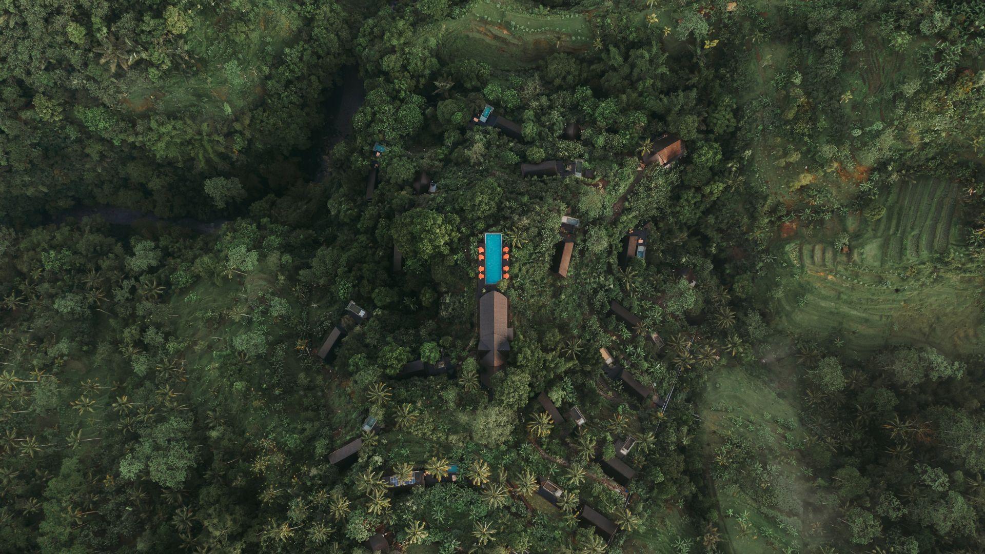 Aerial view of Banyan Tree Escape - Buahan resort nestled in lush forest with central blue pool.